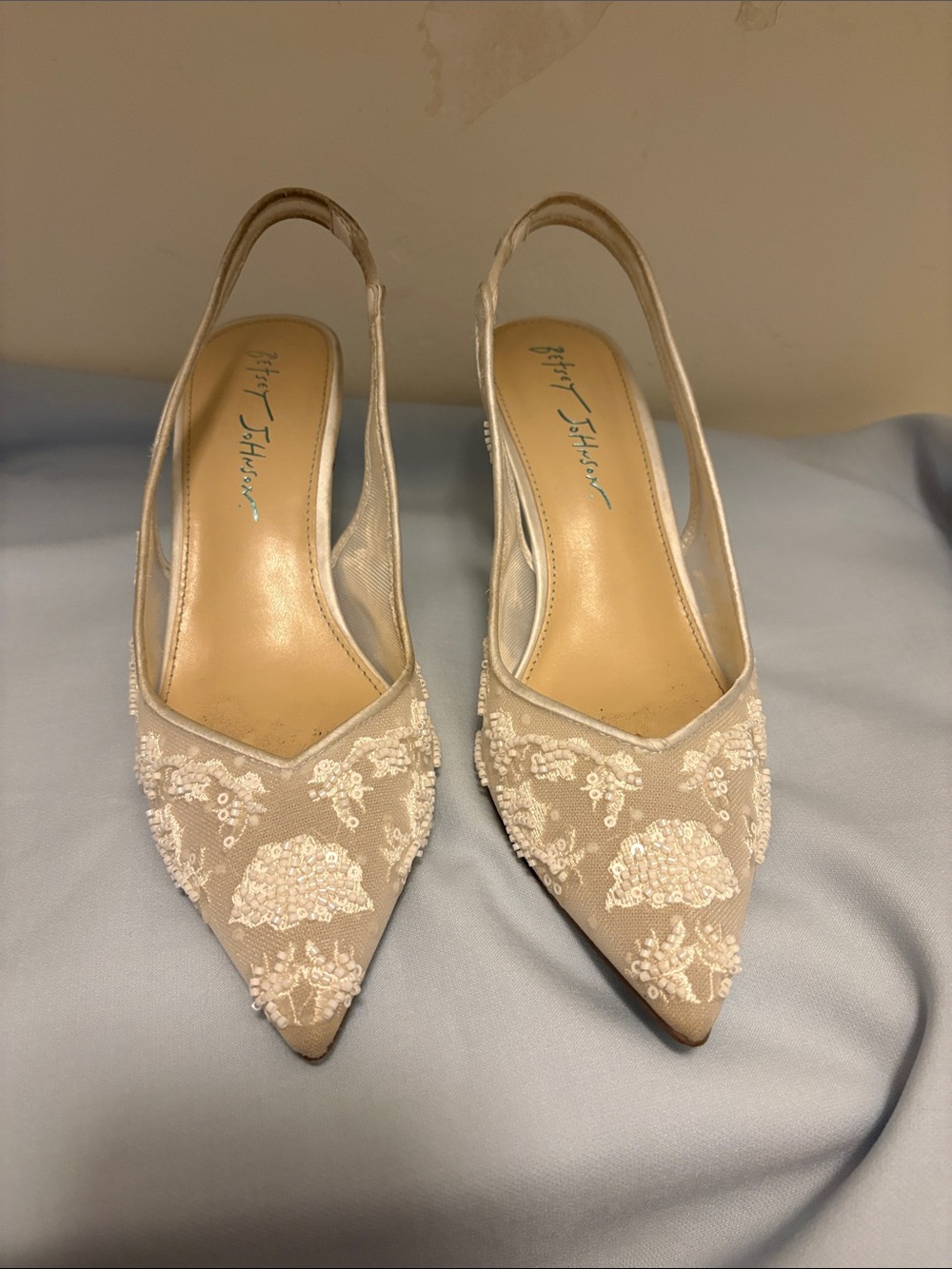 Betsey Johnson Ivory Beaded Embroidered Pointed Slingback Heels